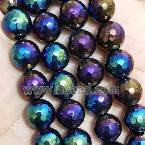 faceted round Black Agate beads with rainbow electroplated