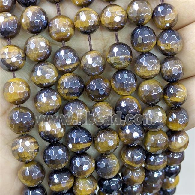 yellow Tiger eye stone beads, faceted round, light electroplated