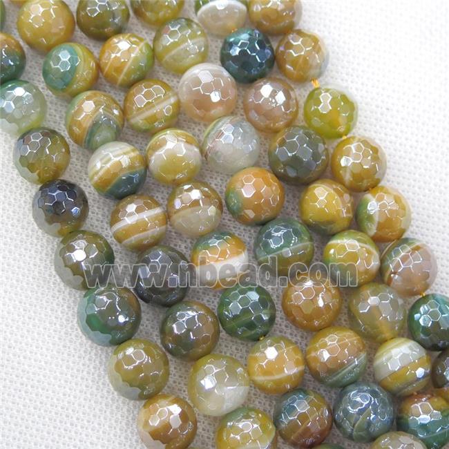 olive Striped Agate Beads, faceted round, light electroplated