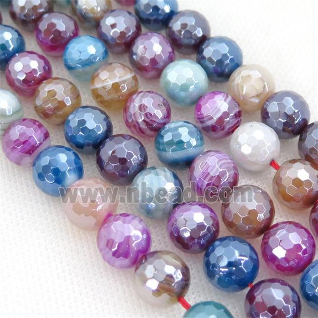 Natural Stripe Agate Beads Banded Mix Color Dye Faceted Round Light Electroplated