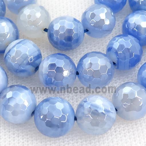 Natural Striped Agate Beads Banded Blue Dye Faceted Round Light Electroplated