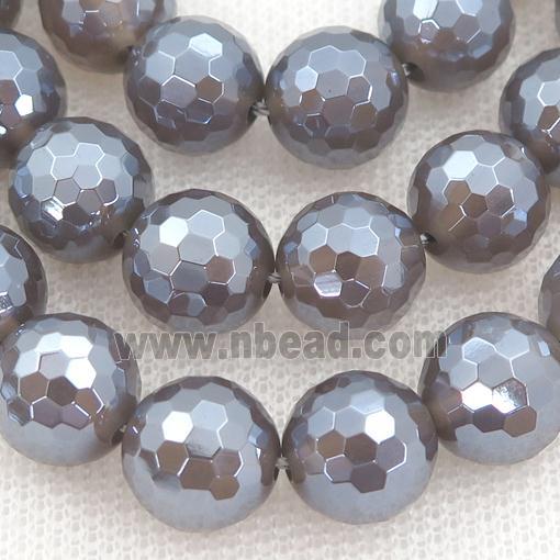 Natural Gray Agate Beads Faceted Round Light Electroplated