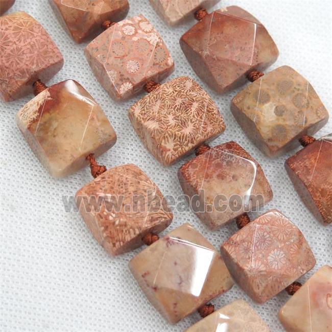 peach Coral Fossil beads, faceted square