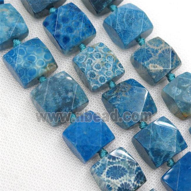 blue Coral Fossil beads, faceted square