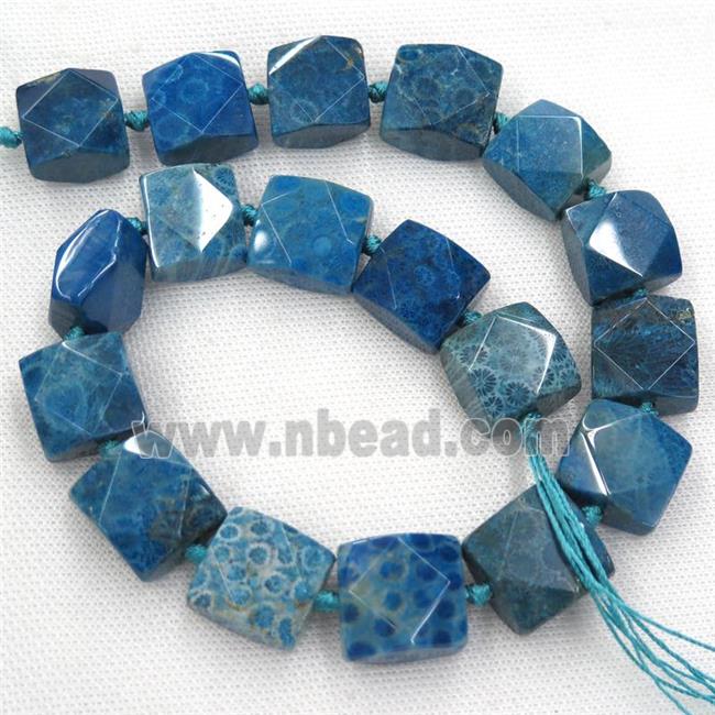 blue Coral Fossil beads, faceted square