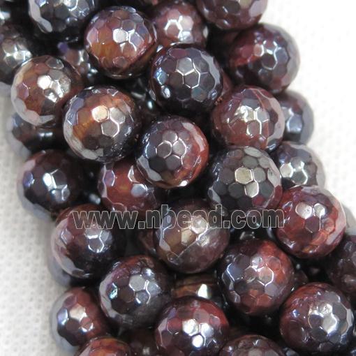 red Tiger eye stone beads, faceted round, light electroplated