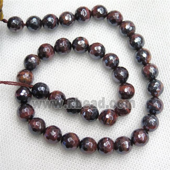 red Tiger eye stone beads, faceted round, light electroplated