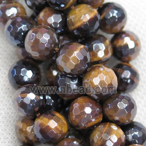 Tiger eye stone beads, faceted round, light electroplated