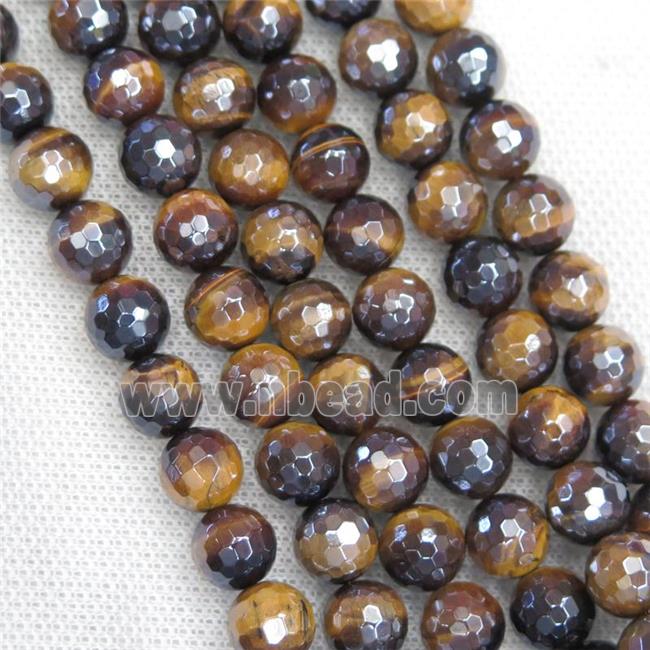Tiger eye stone beads, faceted round, light electroplated