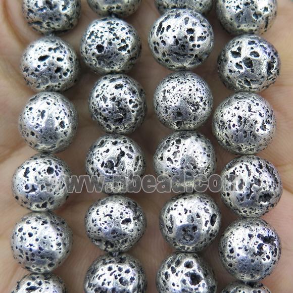 round Lava Stone Beads, Antique silver plated