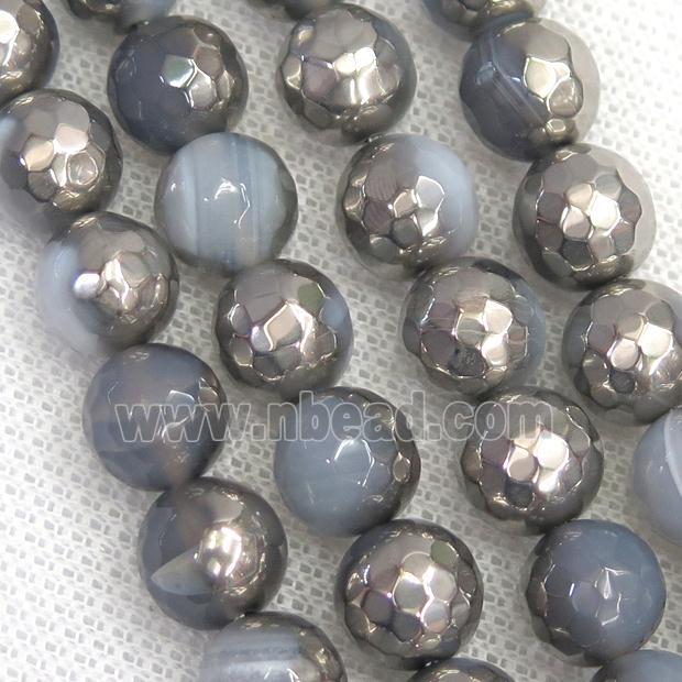 faceted round gray Agate beads, half silver plated