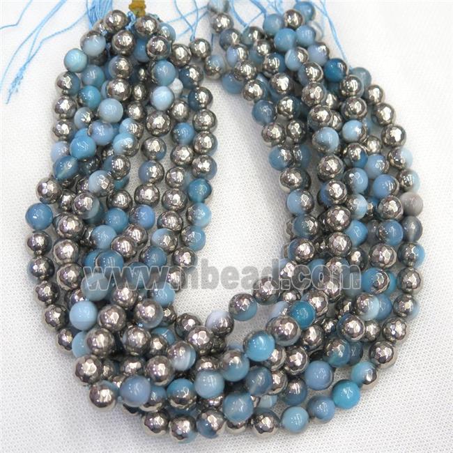 faceted round blue Agate beads, half silver plated