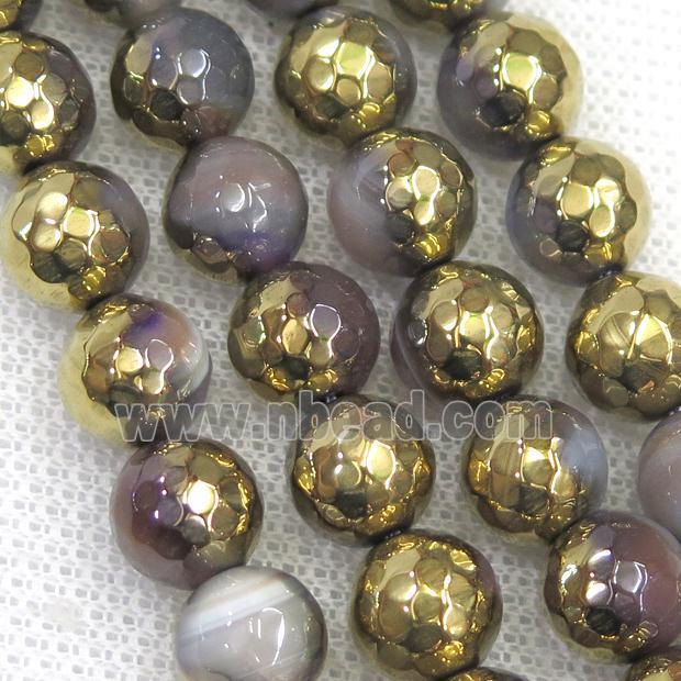 faceted round agate beads, half gold plated