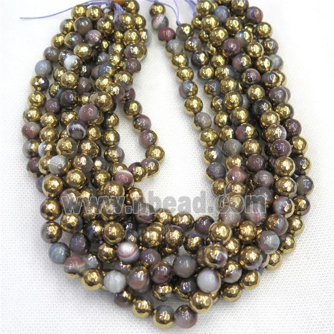 faceted round agate beads, half gold plated