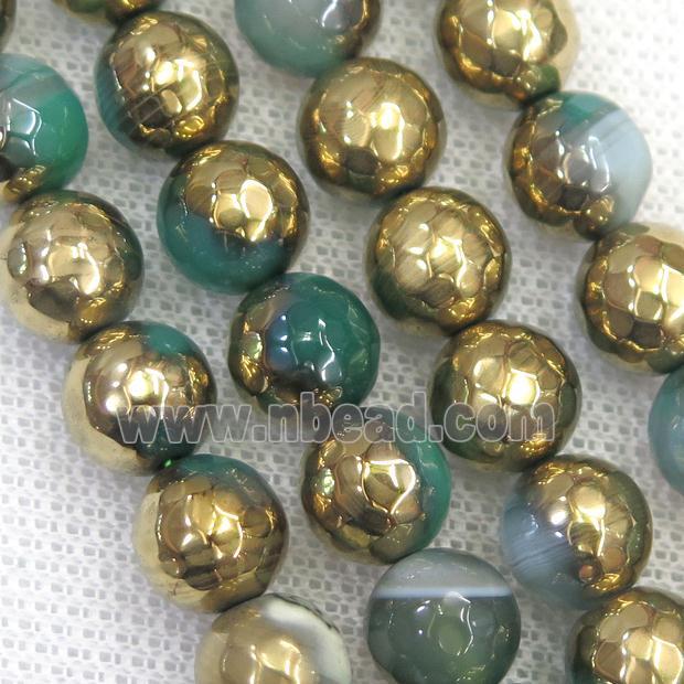 faceted round green Agate beads, half gold electroplated