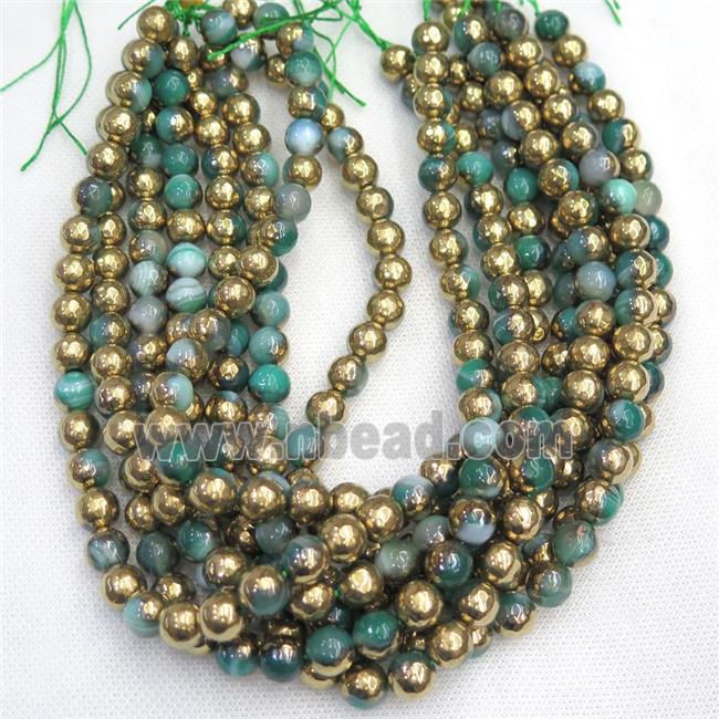 faceted round green Agate beads, half gold electroplated