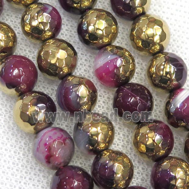 faceted round hotpink Agate beads, half gold plated