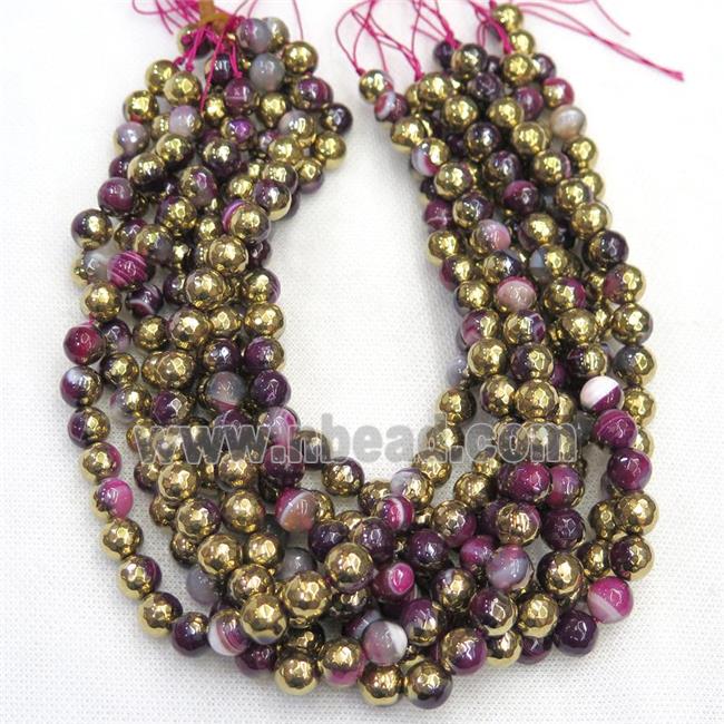 faceted round hotpink Agate beads, half gold plated