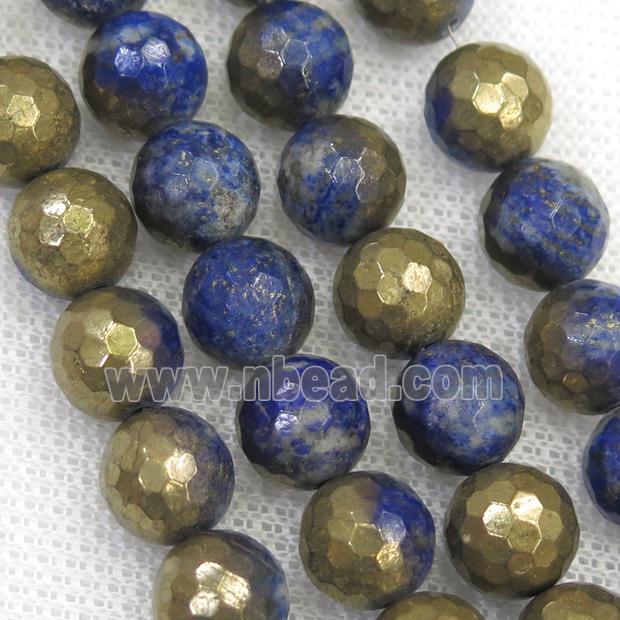 faceted round lapis beads, half gold electroplated