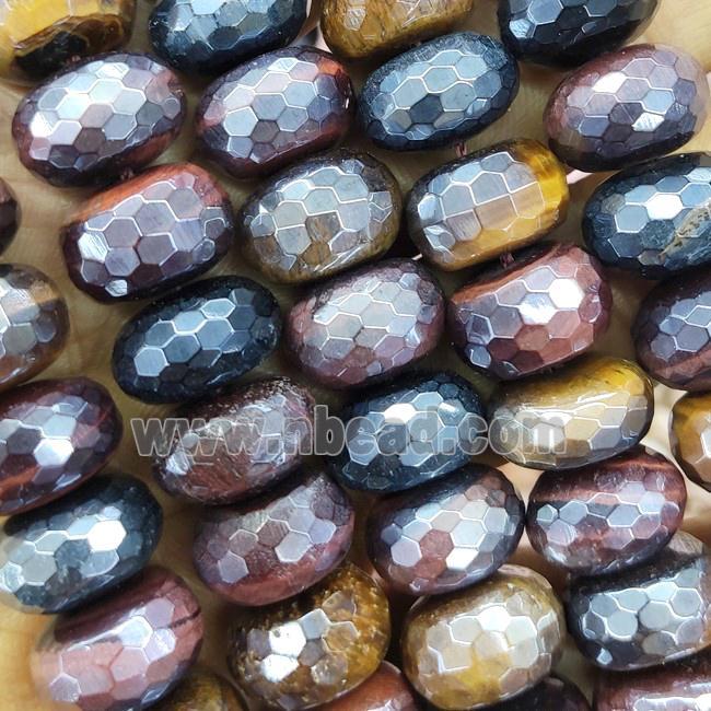 Tiger eye stone beads, faceted rondelle, mixed color, electroplated