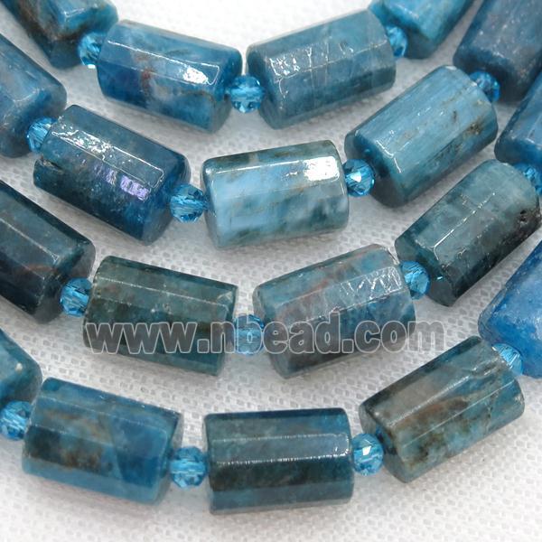 blue Apatite tube beads, faceted cylinder