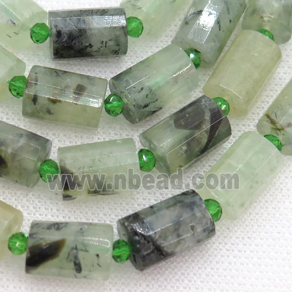 green Prehnite tube Beads, faceted cylinder