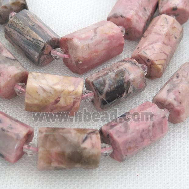 pink Rhodonite beads, faceted cylinder