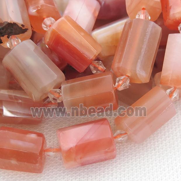 red Carnelian Agate beads, faceted cylinder