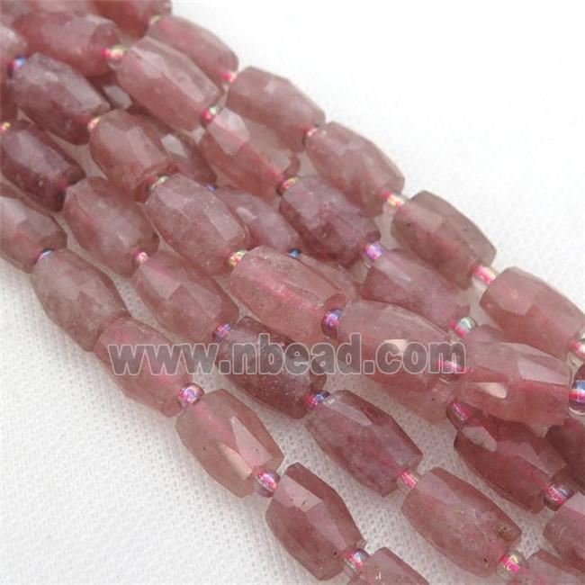 pink Strawberry Quartz Beads, faceted barrel