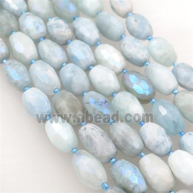 blue Aquamarine beads, faceted rice, AB-color electroplated