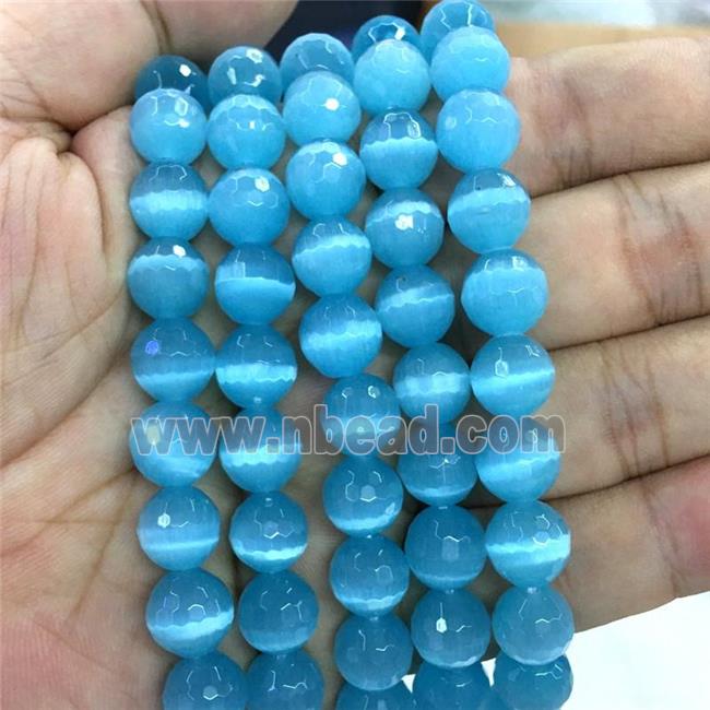 Cats Eye Stone Beads Blue Faceted Round