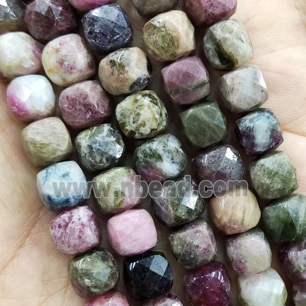 Tourmaline Beads, faceted cube, multicolor