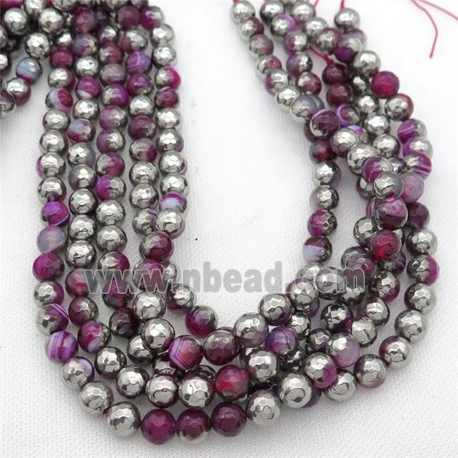 striped Agate beads, faceted round, half silver electroplated