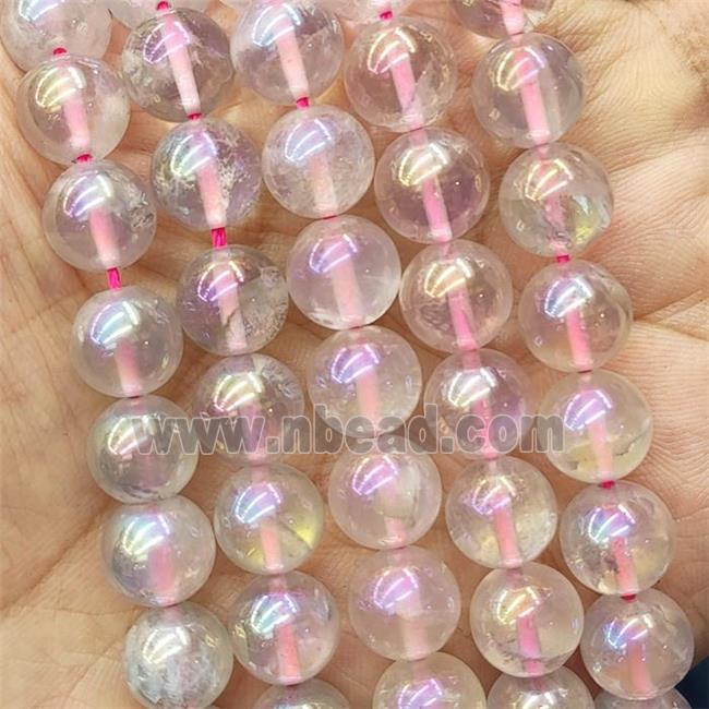 Natural Pink Cream Rose Quartz Beads, Round, rainbow electroplated