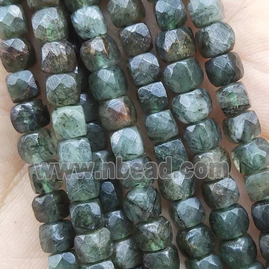 green Rutilated Quartz Beads, faceted cube