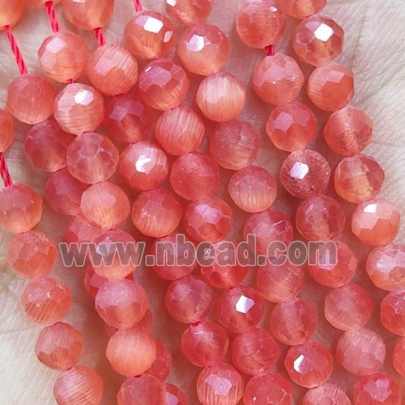 Red Cat Eye Glass Beads Faceted Round