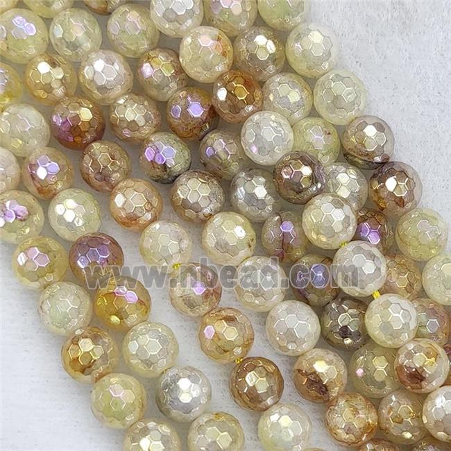 Natural Yellow Hematoid Quartz Beads Faceted Round AB-Color Electroplated