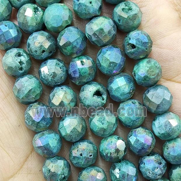 Green Agate Druzy Geode Beads Faceted Round Electroplated
