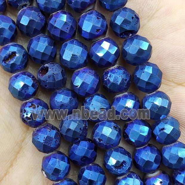 Blue Agate Druzy Geode Beads Faceted Round Electroplated