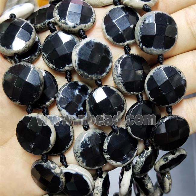 Black Agate Beads Faceted Coin