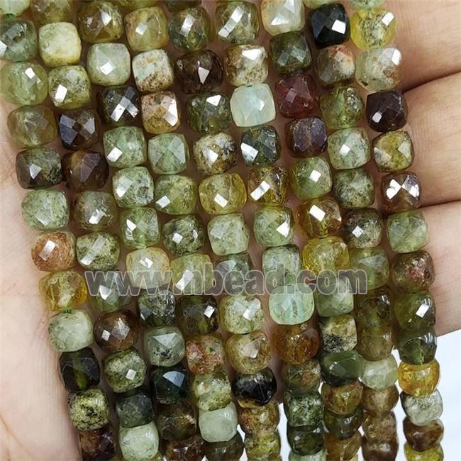 Natural Garnet Beads Green Faceted Cube