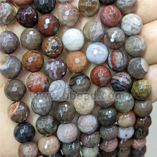 Natural Wood Petrified Jasper Beads Faceted Round Multicolor