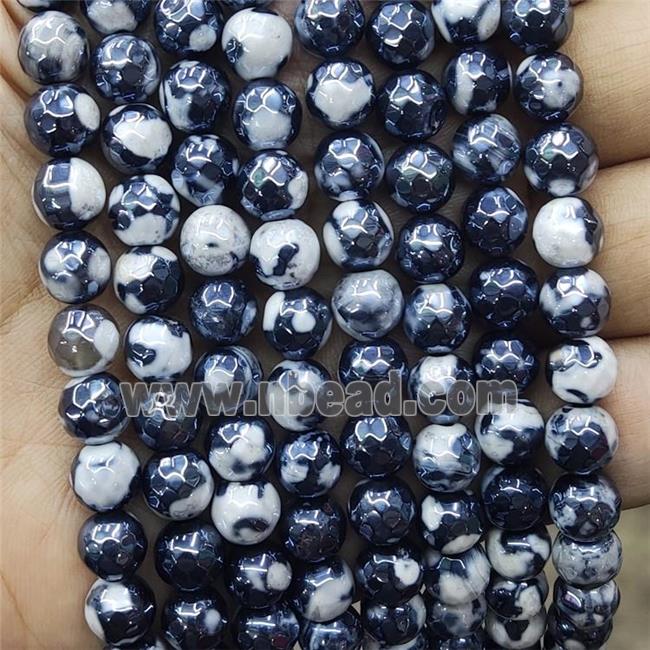 White Black Fire Agate Beads Faceted Round Electroplated