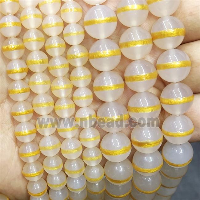 White Tibetan Style Agate Beads Smooth Round Gold Line
