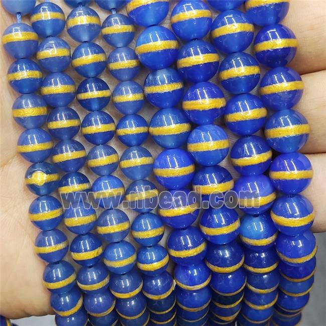 Blue Tibetan Style Agate Beads Smooth Round Gold Line