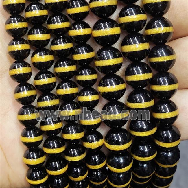Black Tibetan Style Agate Beads Smooth Round Gold Line