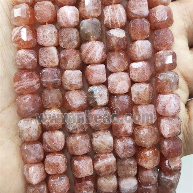 Natural Peach Sunstone Beads Golden Spot Faceted Cube