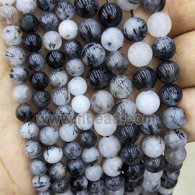 Natural Black Rutilated Quartz Beads Smooth Round