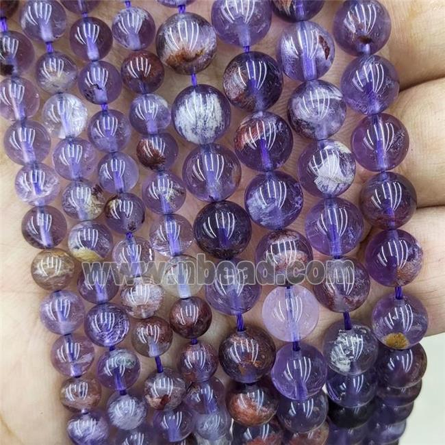 Natural Phantom Quartz Beads Purple Cacoxenite Crystal Smooth Round
