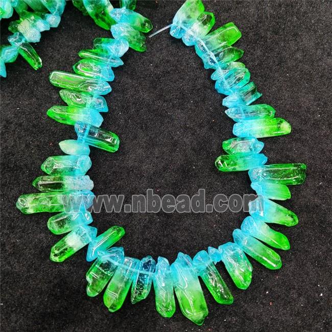 Natural Crystal Quartz Stick Beads Green Blue Dye Dichromatic Polished